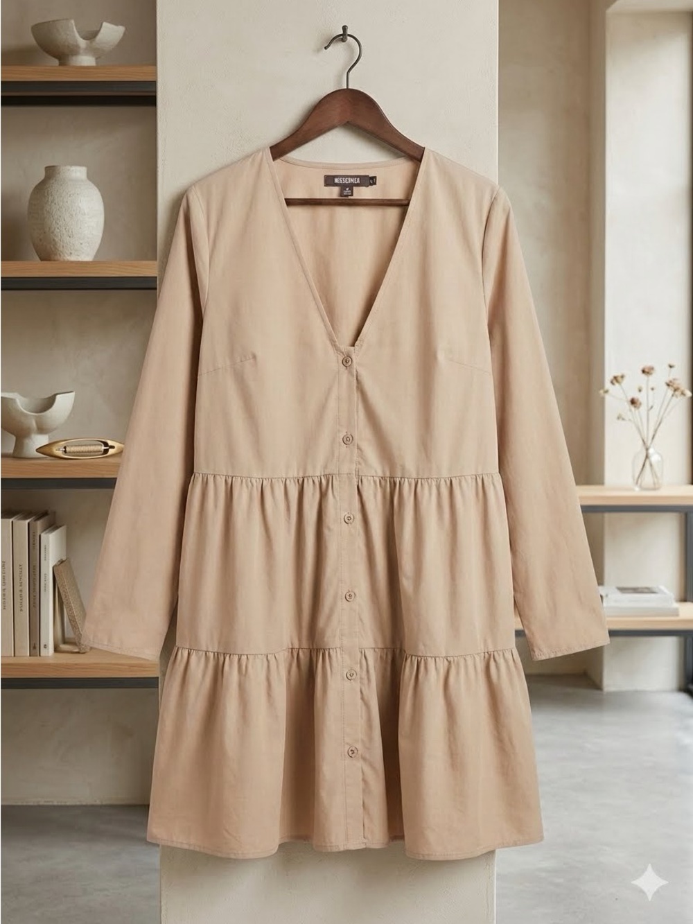 Missguided Beige V-Neck Tiered Button Dress